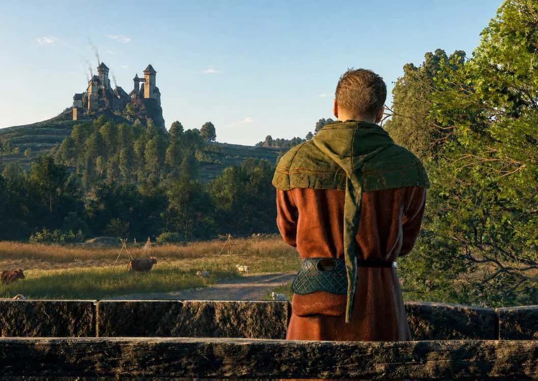 Henry looking out at a castle in Kingdom Come Deliverance 2.