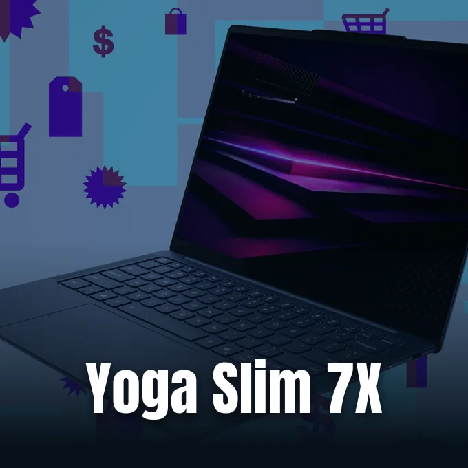 The Lenovo Yoga Slim 7x laptop displayed on a desk.