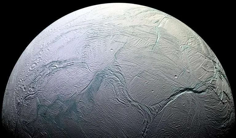 Saturn's moon Enceladus viewed by Cassini during investigations of life on Enceladus.