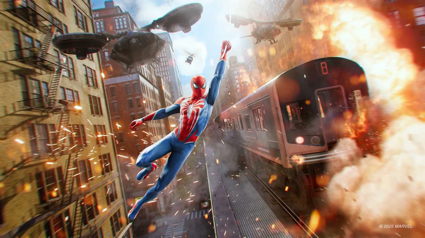 Spider-Man swings past a train while pursued by aerial drones in Marvel's Spider-Man 2.