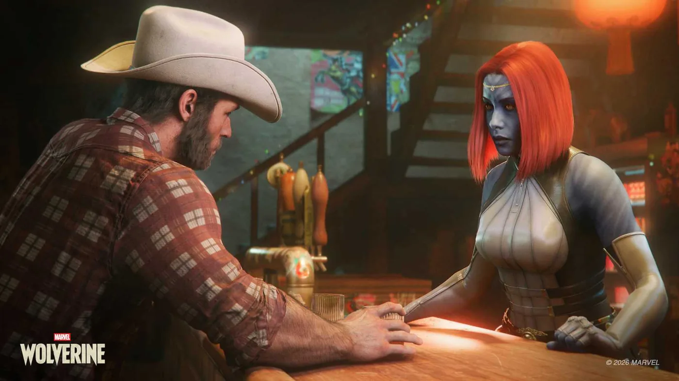 Wolverine speaking to Mystique at a bar in an in-game scene from Marvel's Wolverine.