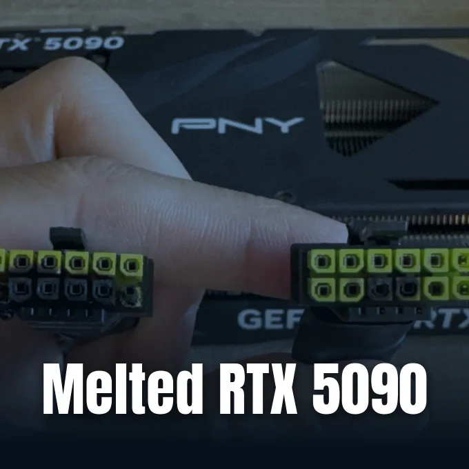 A PNY GeForce RTX 5090 graphics card displayed beside 16-pin power connector cables.