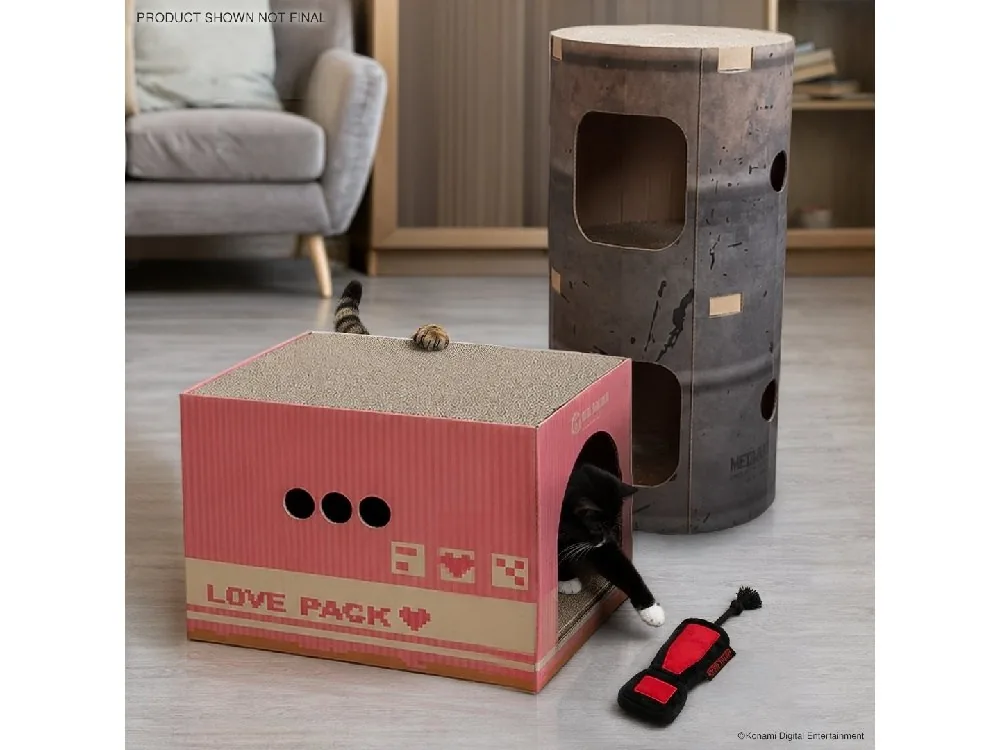 Promotional display of the Metal Gear cat boxes configured for pets.