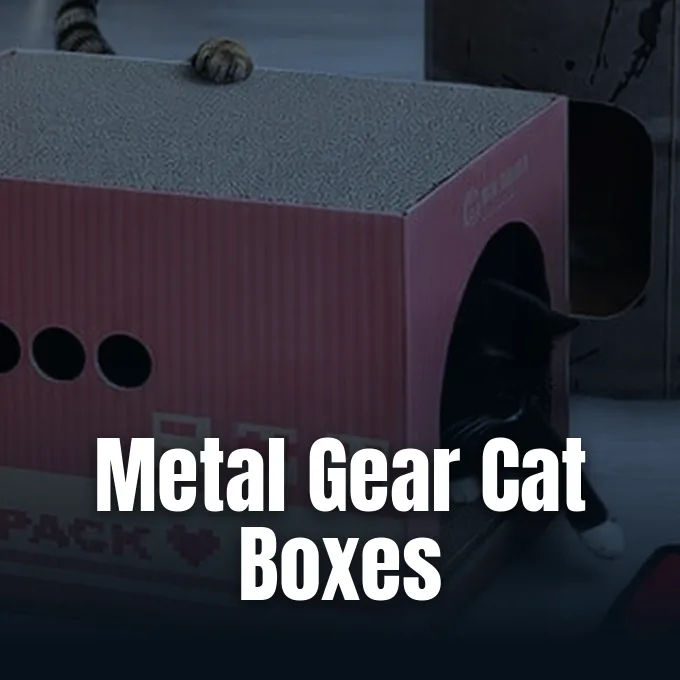 Official promotional graphic for Metal Gear cat boxes offered by Konami and OKS Gear at CatCon.