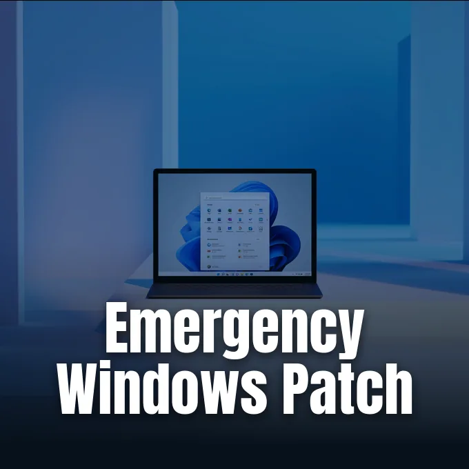 Windows 11 desktop graphic illustrating the emergency hotfix update rollout.
