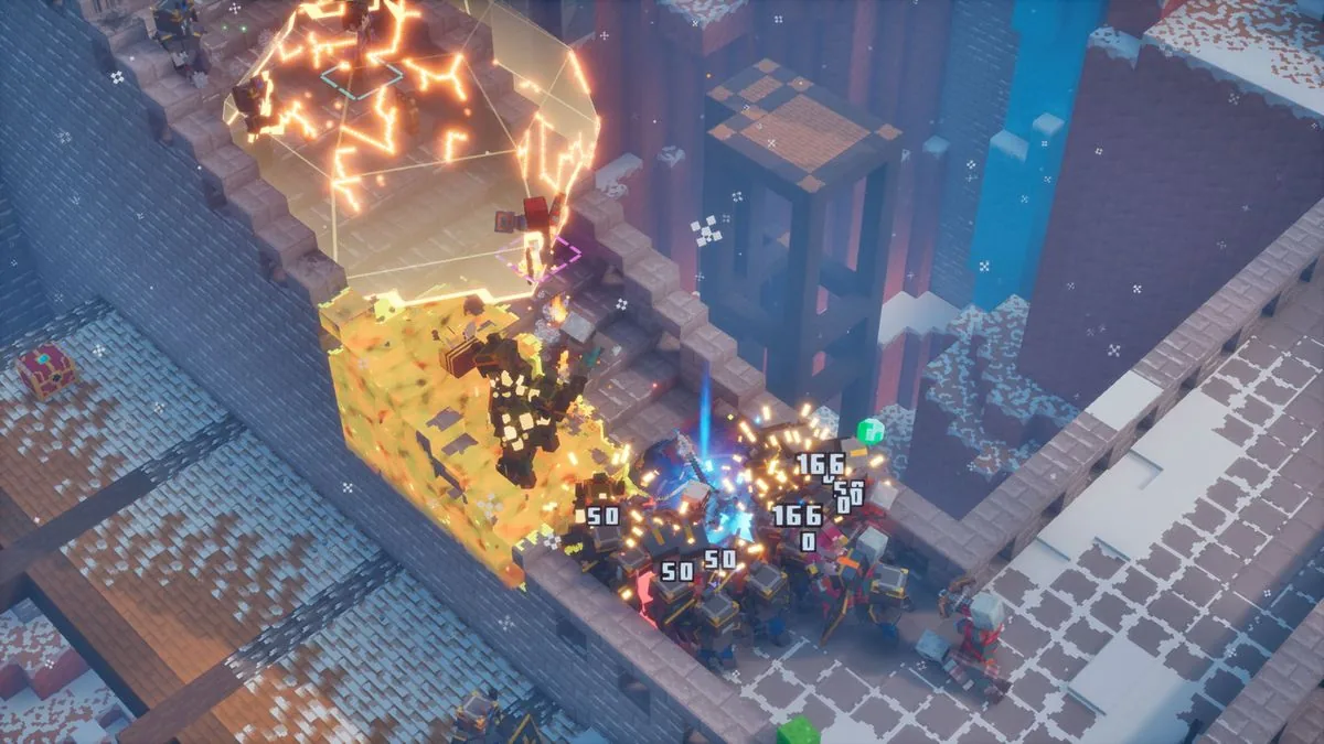 Adventurers navigating snowy stone steps while engaging enemies in Minecraft Dungeons 2.