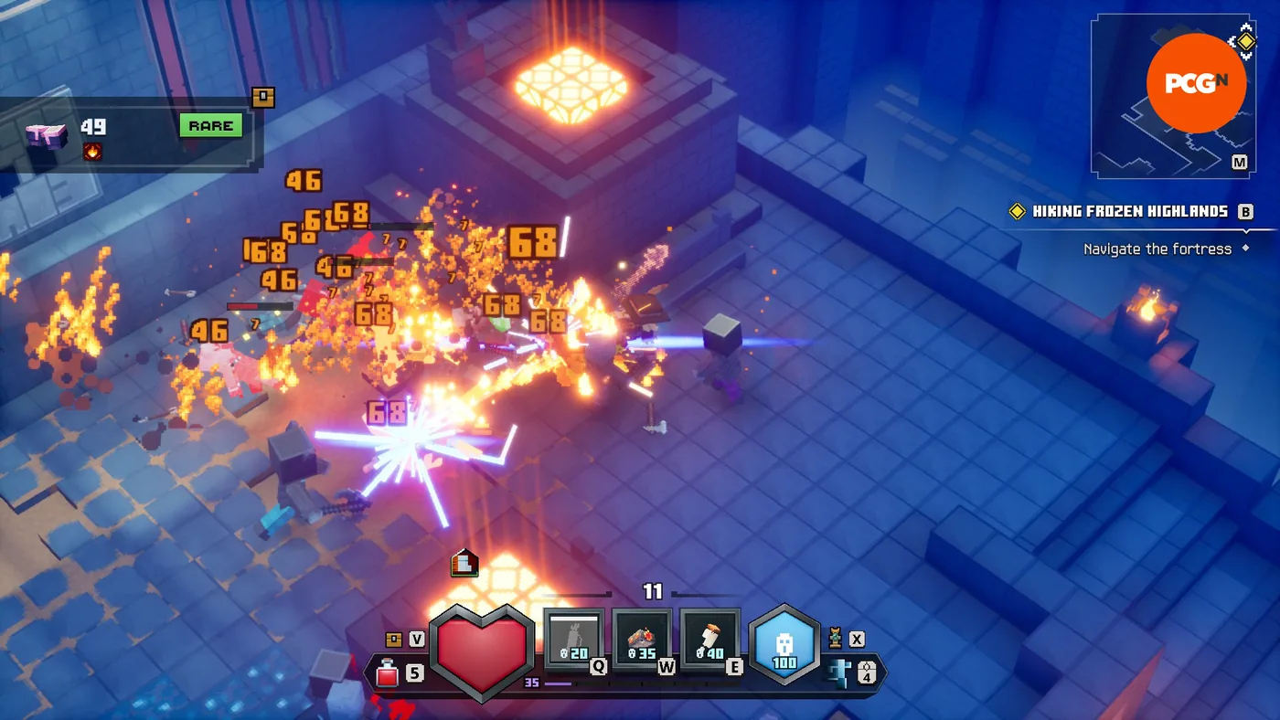 Player battling enemy mobs with enchanted fire arrows in Minecraft Dungeons 2.
