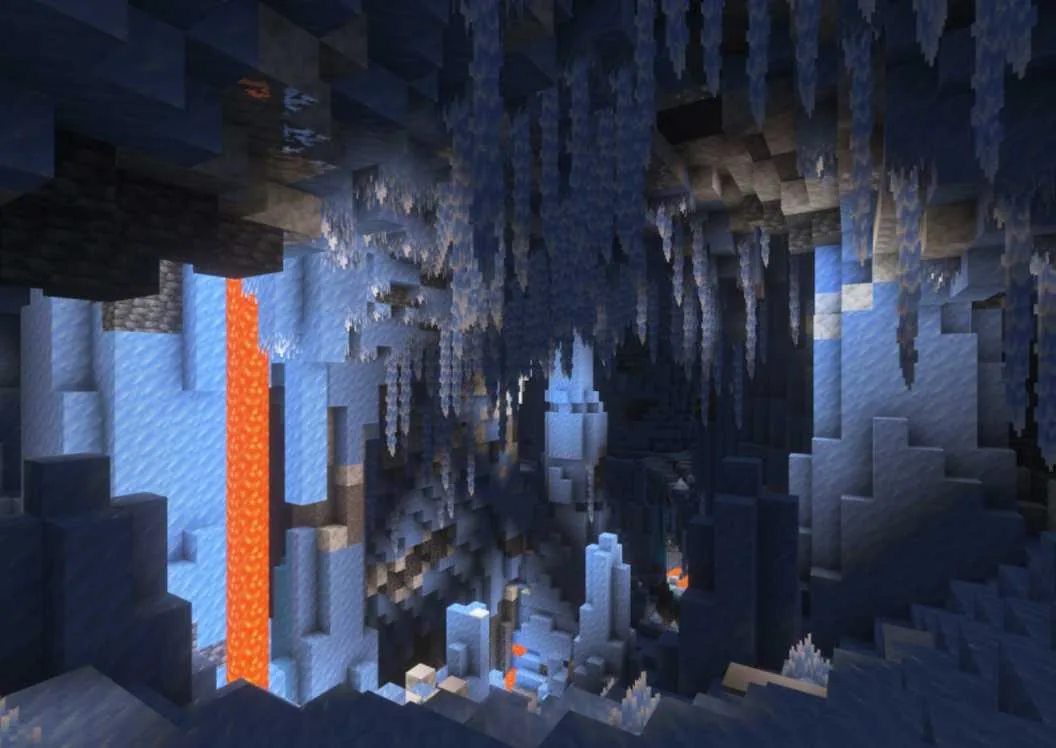 Underground cavern generation in the Minecraft Ice Caves biome featuring glowing ice crystals and calcite formations.