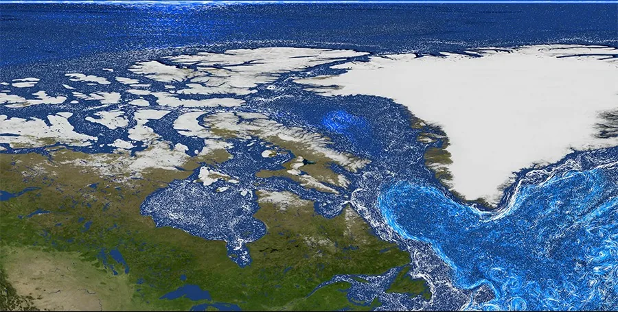 NASA simulation modeling Greenland ice sheet dynamics and freshwater discharge into surrounding ocean currents.