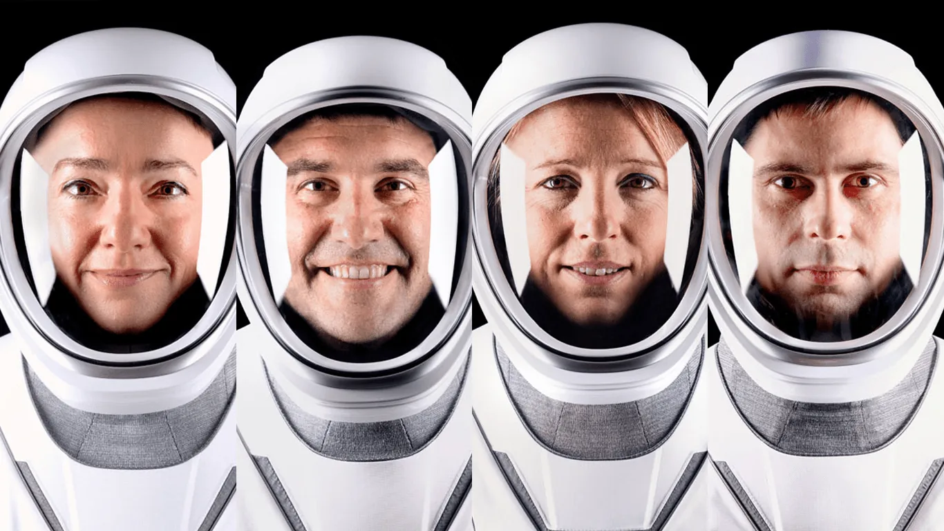 NASA SpaceX Crew-12 members Jessica Meir, Jack Hathaway, Sophie Adenot and Andrey Fedyaev in a crew portrait.