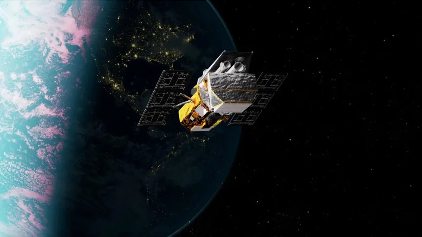 Artist rendering of the NASA Swift telescope tracking cosmic gamma-ray bursts across deep space.