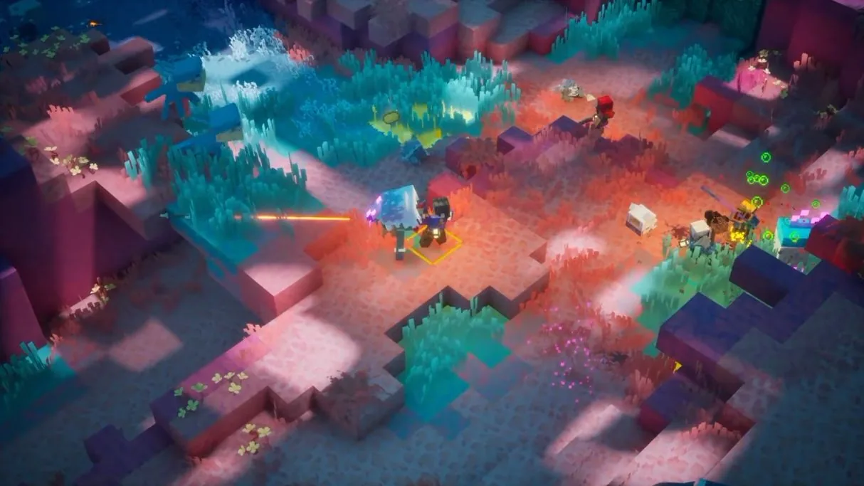Action RPG combat in Minecraft Dungeons 2 connecting to the new dimension in Minecraft.