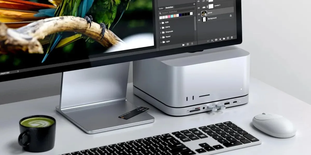 Satechi hub and stand with internal NVMe SSD enclosure configured for Mac desktop systems.