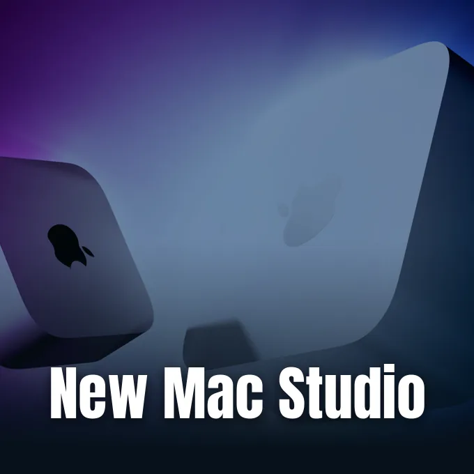 Desktop setup accessories arranged for the new Mac Studio release and Mac mini hardware.