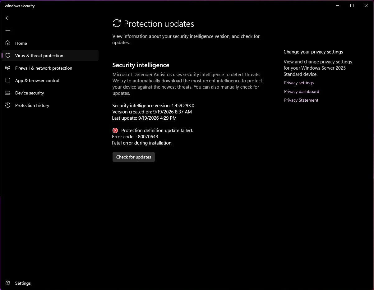 Windows antimalware platform update process and error reporting screen