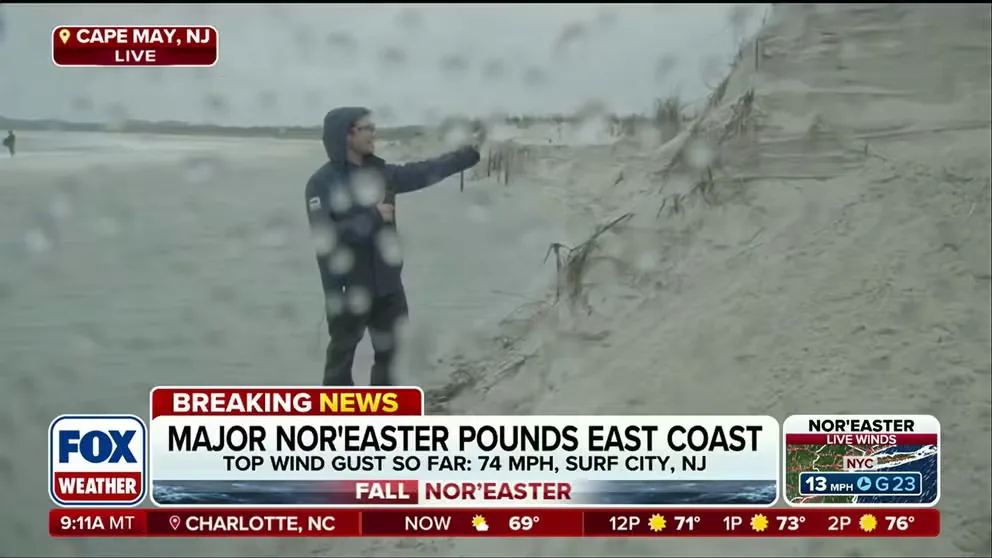 Extensive shoreline erosion along Cape May beaches caused by the persistent nor'easter storm.