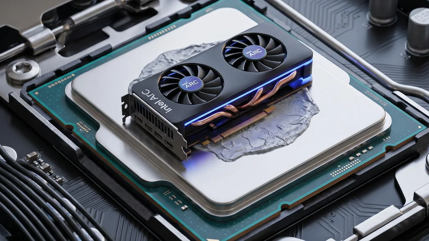 An Intel CPU package with an integrated graphics silicon die, illustrating the cancelled Nova Lake APU concept.