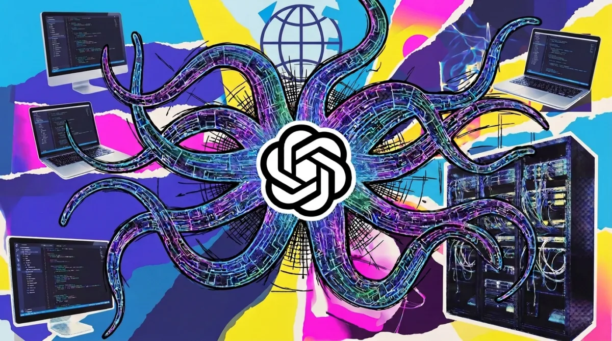 Digital illustration from The Decoder depicting cybersecurity risks as OpenAI pauses training.
