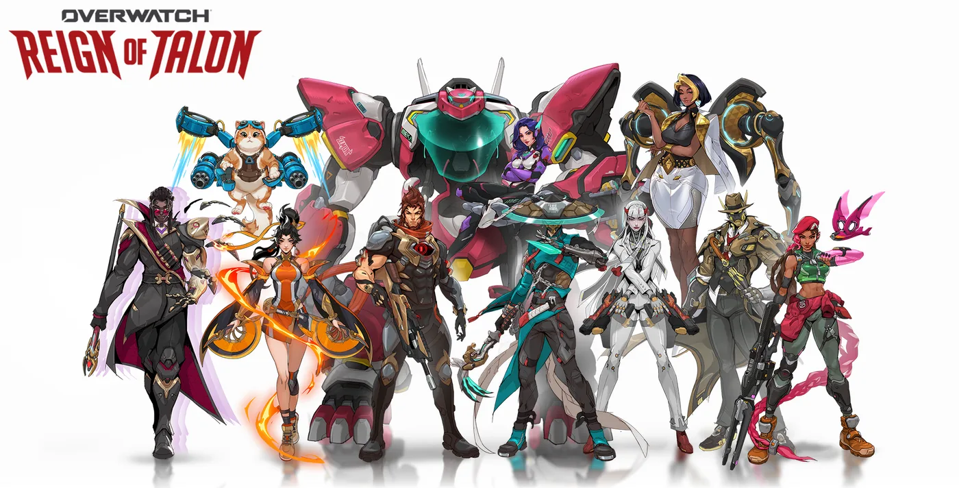Promotional artwork released by Blizzard Entertainment highlighting Overwatch devs discussing BlizzCon announcements.