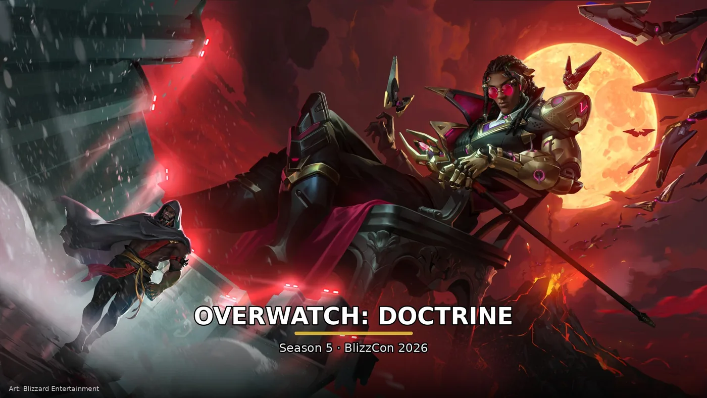 Promotional graphic representing the Overwatch Season 5 hero and map rollout.