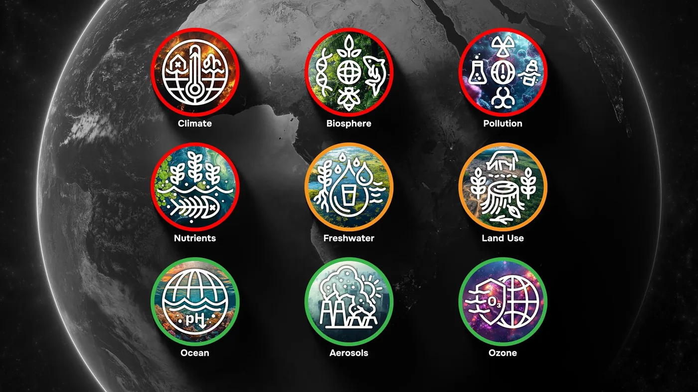 Symbols representing the nine planetary boundaries that regulate Earth's ecological stability.