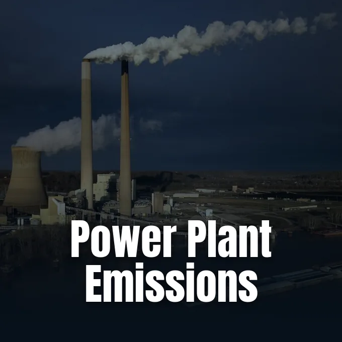 A large industrial facility connected to power plant emissions and electricity generation.