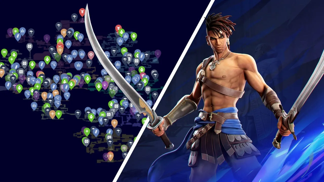 IGN checklist and map tracking guide for Prince of Persia: The Lost Crown during the Switch trial.
