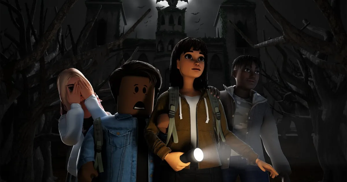 Artistic showcase of suspenseful multiplayer experiences produced by Roblox creators for global audiences.