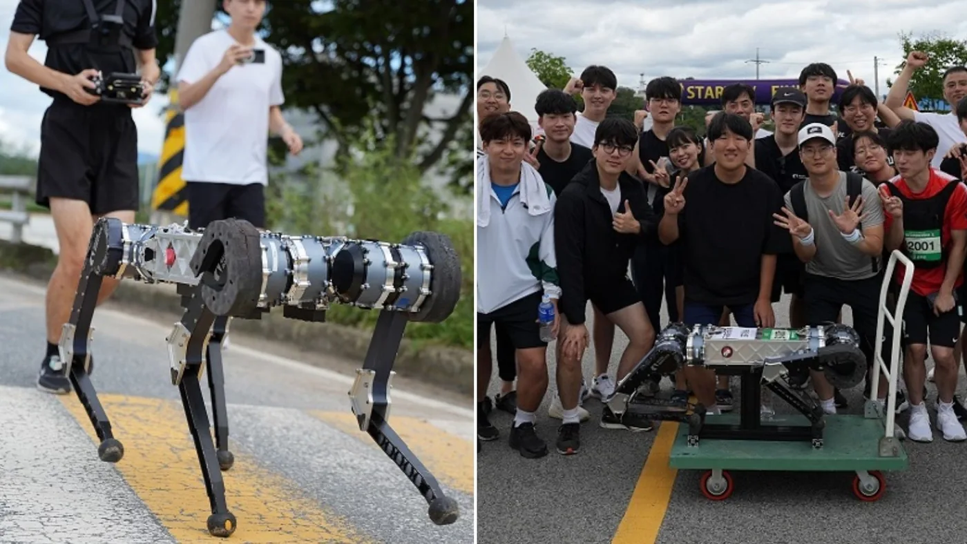 Quadruped robot RAIBO2 running outdoors in a robot dog marathon demonstration