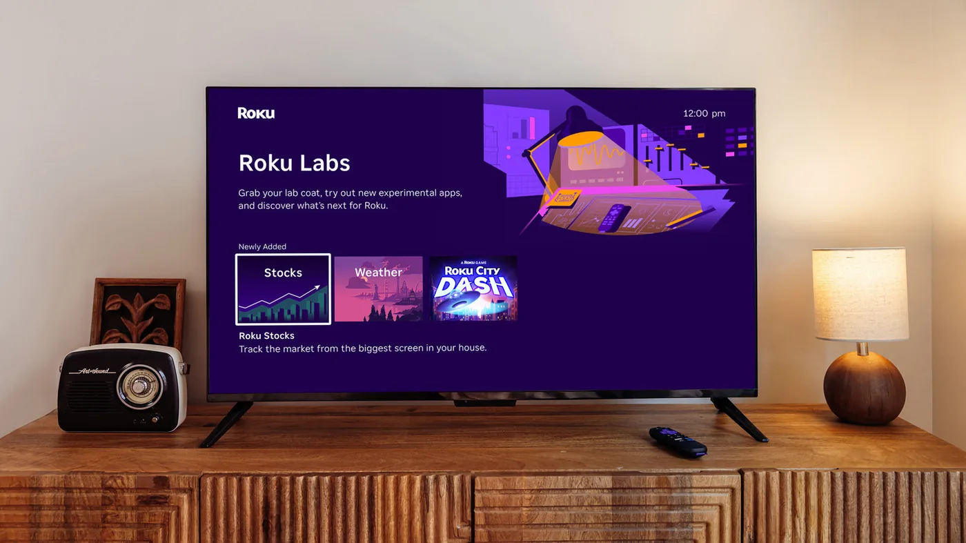 A television display illustrating the launch of Roku Labs on streaming hardware.