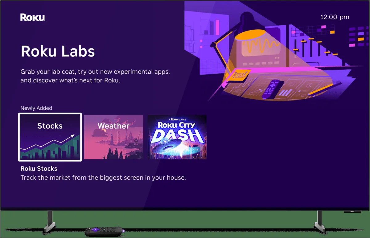 Roku Labs interface graphic displaying experimental applications for television screens.