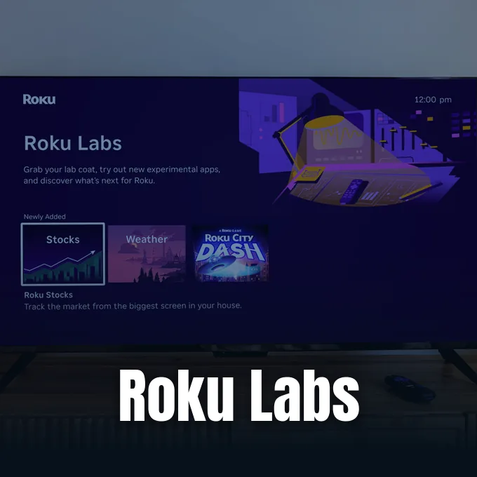 A promotional graphic from Roku illustrating the Roku Labs interface on television screens.