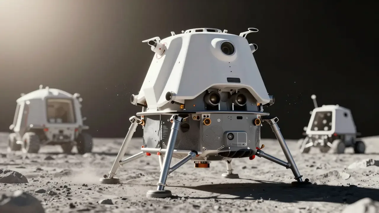 Illustration of a modern lander achieving gentle touchdown on the lunar surface during safe lunar landings.