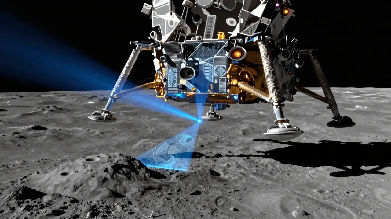 Laser scanning beams mapping lunar terrain from lander underside to guide safe lunar landings.
