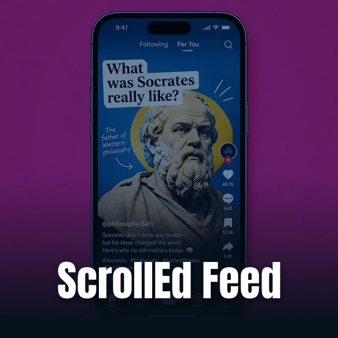 ScrollEd app interface concept showing educational content formatted as a vertical social feed.