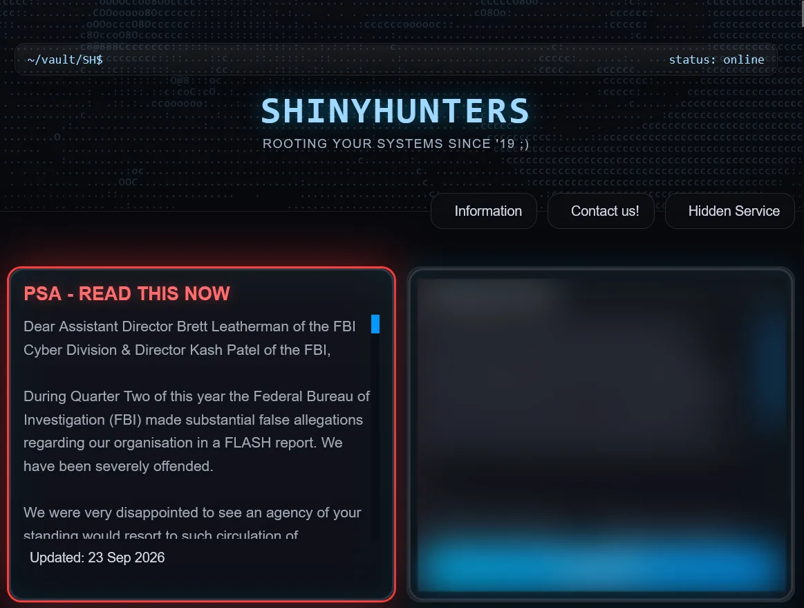 Dark web statement detailing the ShinyHunters FBI breach retaliation demands