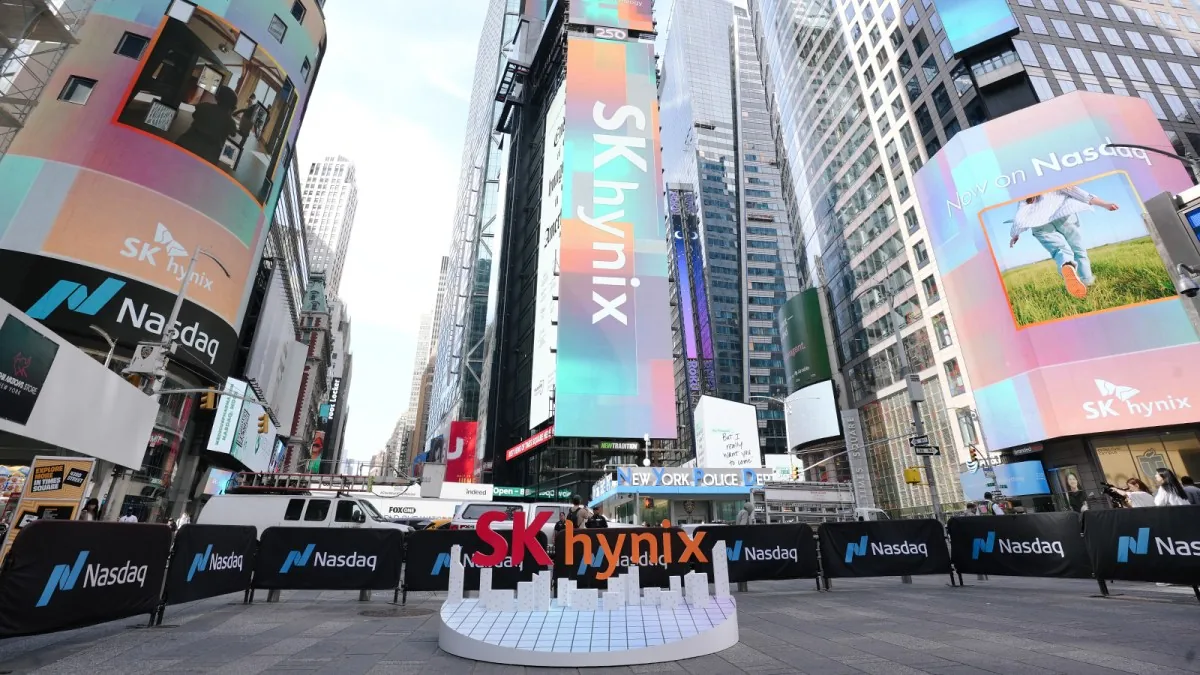SK hynix corporate branding outside an electronics production facility.