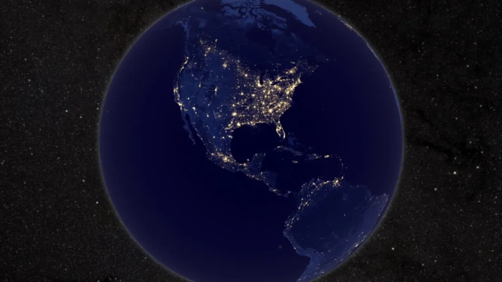 Global composite visualization depicting Earth at night produced from Suomi NPP satellite data.
