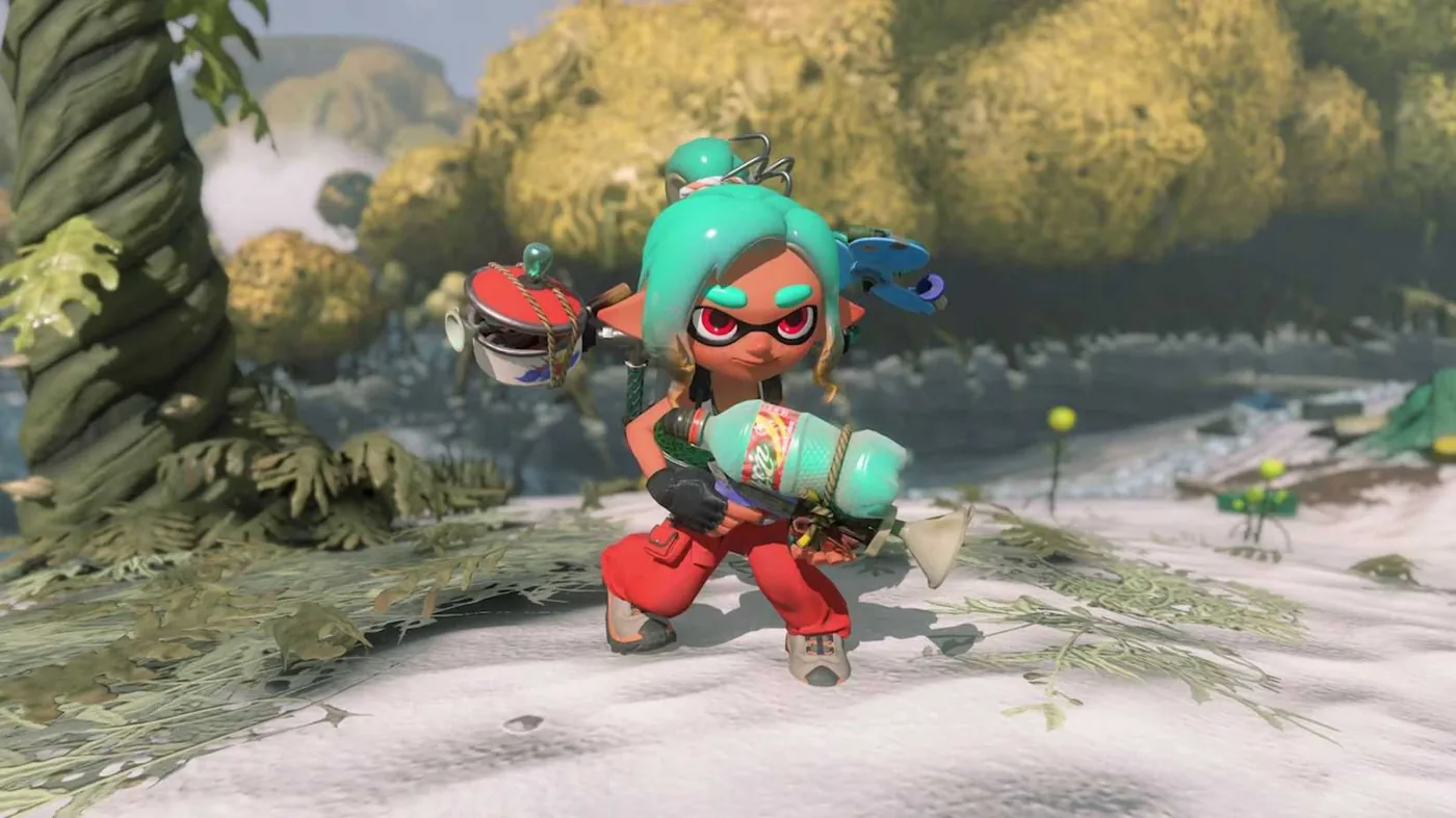 Player character holding an ink weapon during single player action in Splatoon Raiders.