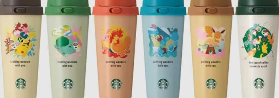 Multicolored tumblers featuring Pokémon-themed artwork beside the Starbucks Pikachu latte release.