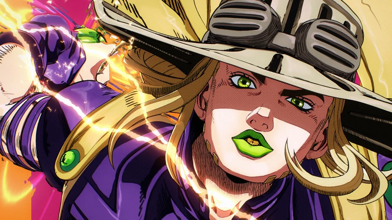 Clean opening animation frame for the Steel Ball Run anime featuring the song Spin by Kroi.