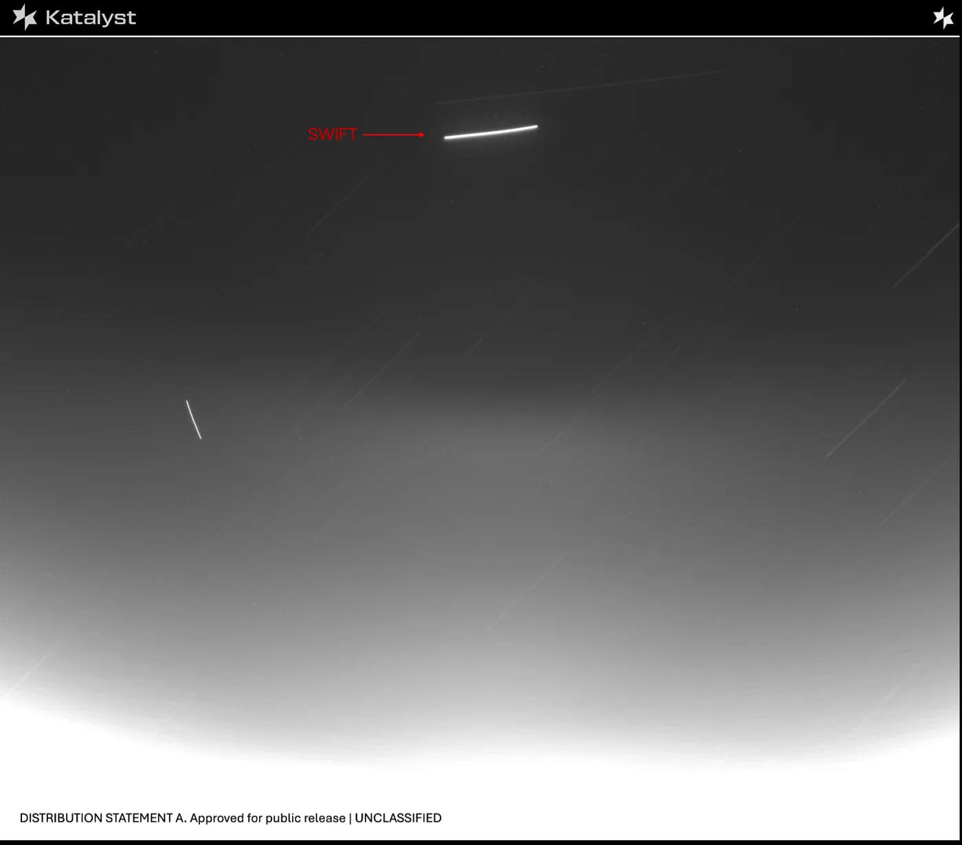 In-orbit image captured by LINK showing Swift observatory as a bright streak