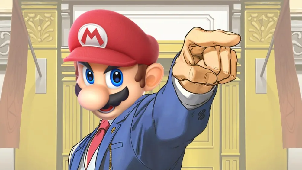 Mario depicted in courtroom proceedings reflecting copyright litigation in the Switch piracy lawsuit.