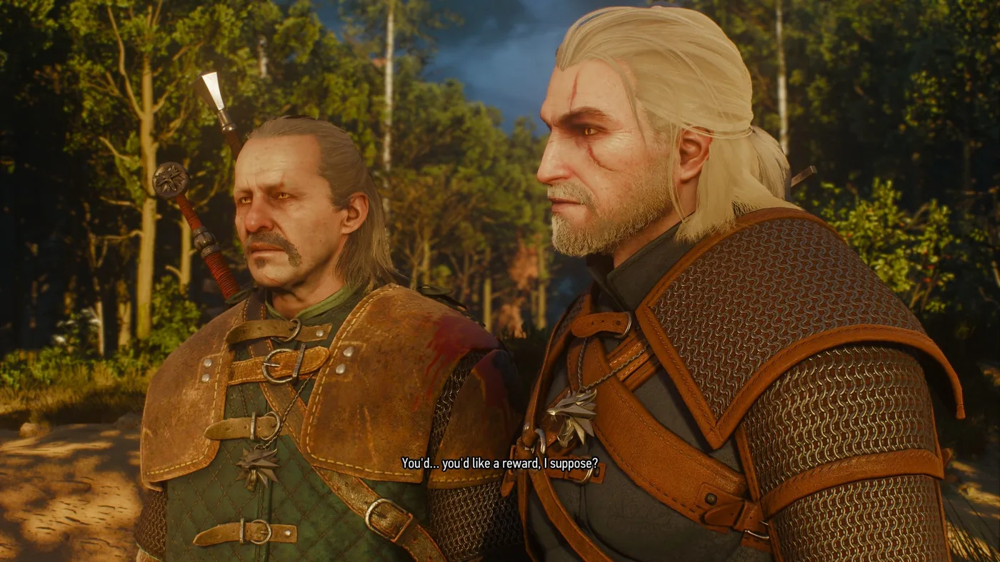 Geralt and Vesemir entering a village in Witcher Remastered