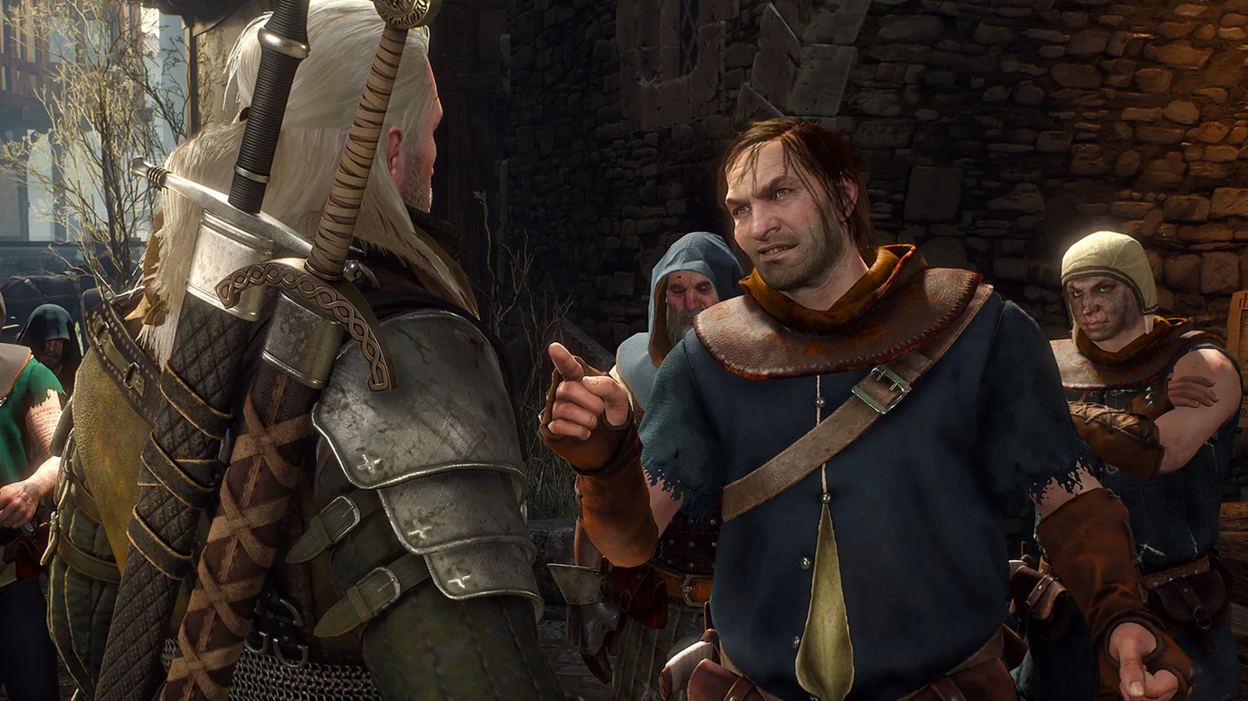 Geralt of Rivia conversing with an NPC in Witcher 3 Remastered