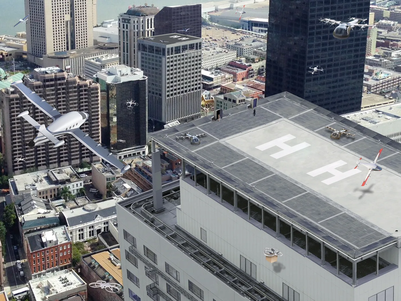 NASA illustration of urban air mobility for passenger and cargo transport within a city.