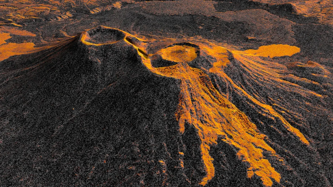 US-India satellite microwave radar view showing volcanic terrain and lava flow extent.