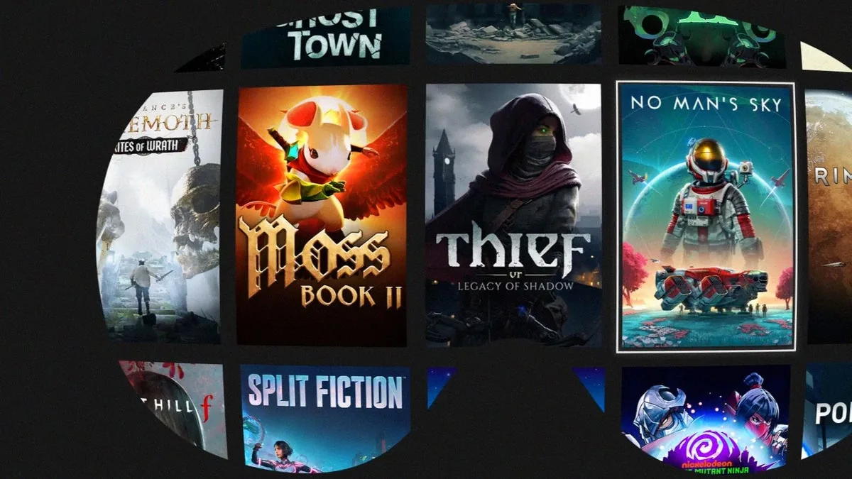 Promotional preview of games running on the Valve Steam Frame headset interface.