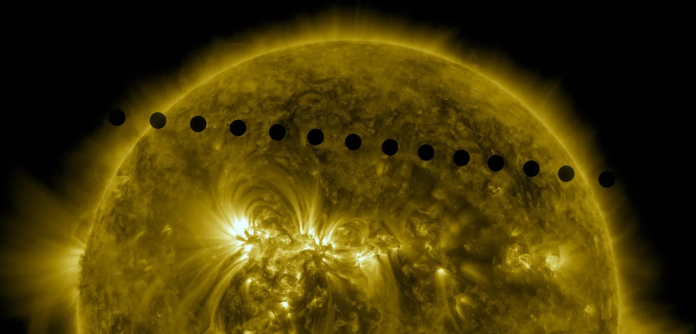 NASA sequence of Venus crossing the Sun, illustrating the modern moonless planet.