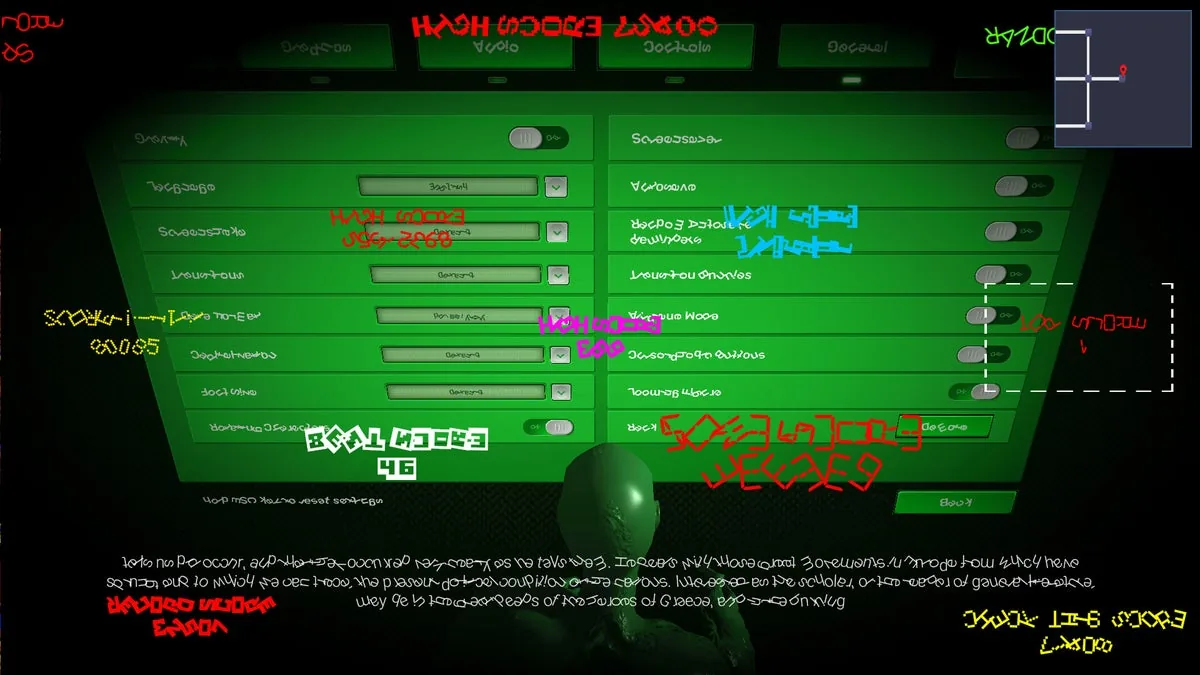 Video game menu options screen displayed in the Rock Paper Shotgun coverage of the release